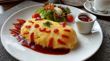 Japanese omurice with ketchup art, cute café aesthetic