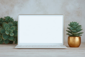 Bright Minimal Home Office with Laptop and Plants