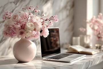 Elegant Workspace with Flowers and Laptop on Desk