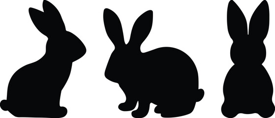 Set of black rabbit silhouettes in various sitting poses, minimal animal icons for nature, wildlife, Easter, and design themes