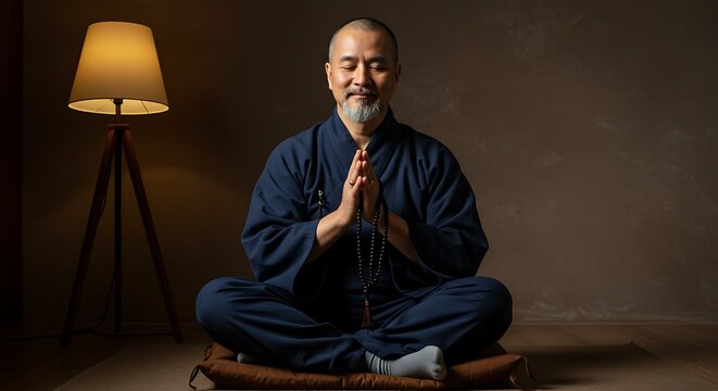 Serene Monk Meditating in a Dimly Lit Room with a Warm Lamp Glow.