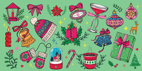 set of Christmas hand drawn stickers illustrations, colorful outlined doodles of winter holiday elements, candles, holly berries, jingle bells with ribbons, gift , decoration ornaments, mittens .. ect