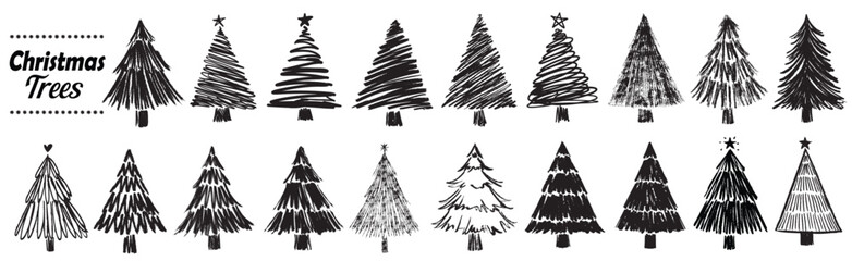 Christmas trees hand drawn doodle and scribble and line silhouette vector illustrations. sketch style tree collection isolated on a white background.