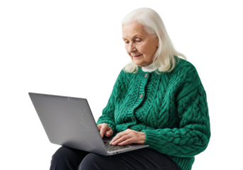 Elderly caucasian woman (70s-80s), long white hair, emerald green cardigan, concentrating on a charcoal grey laptop, bright white studio background with copy space. Lifelong learning concept