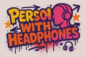 Vibrant Graffiti Art. Graffiti Simplified ? "Person with Headphones" in thick bubble letters, tilted dynamic layout, dripping outlines, flat spray fills,