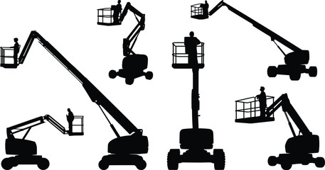 Boom lift silhouettes, aerial work platforms, construction workers at height, industrial equipment, safety gear, elevated maintenance, urban infrastructure, machinery in action © Frd Art