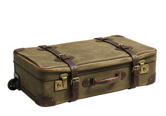 Vintage olive green canvas suitcase with scuffed leather straps, brass buckles, sturdy wheels, and top handle, on transparent background with copy space. Concept of travel and nostalgia