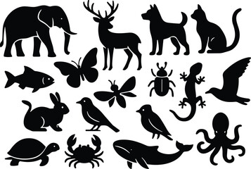 Set of black silhouette icons of diverse animals including land, sea, and air species for educational, design, or biodiversity themes
