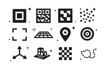 Augmented Reality Icons. augmented reality markers and tracking. Solid icons set of augmented reality markers and tracking: fiducial marker, QR code, ArUco