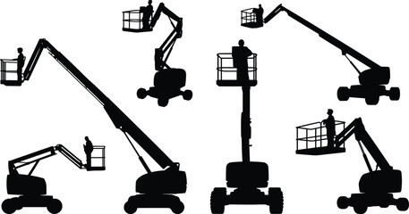 Boom lift silhouettes, aerial work platforms, construction equipment, high access machinery, industrial maintenance, workers at height, cherry picker operations, safety gear