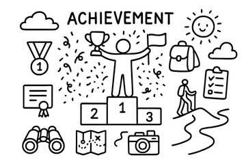 Symbolic Victory Icons. Achievement. Hand-drawn doodle illustration Achievement person on podium, medal, trophy, flag, confetti, certificate, backpack,