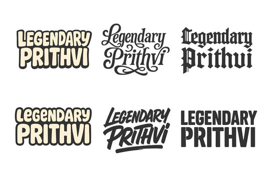 Prithvi Lettering Variations. Legendary Prithvi. Set lettering. harmonious lettering variations of the same emblematic concept (Funky cartoon-style lettering,