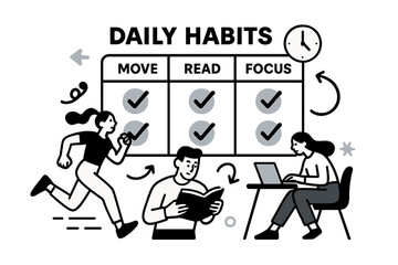 Obraz premium Daily Habit Tracker. Vision Board ? Daily Habits. A neat habit grid with checkmarks gliding across; labels ?Move, Read, Focus?. A minimal clock and arrow loop
