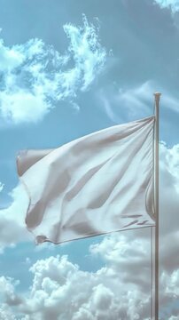 A white flag flying in the wind on a cloudy day, perfect for use as a symbol of surrender or peace