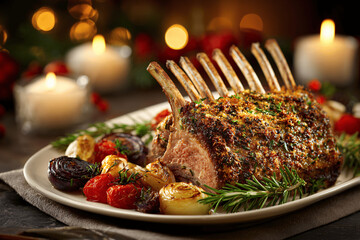 Herb-crusted French roast rack of lamb for festive Christmas dinner