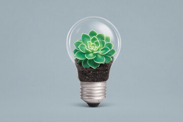 Lightbulb with Green Plant Inside on Grey Background