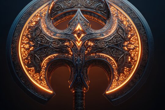 Ornate fantasy battle axe head glows with internal fiery energy against a dark background