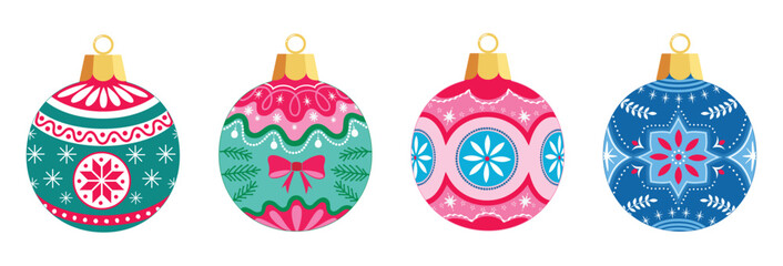 Decorated Christmas ornaments. Colorful Festive Bauble Set