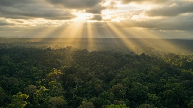 Majestic sunrays piercing through clouds over lush green forest canopy at golden hour