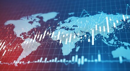 Global financial market analysis with world map and stock market chart, depicting worldwide economic trends and investment opportunities in blue and red