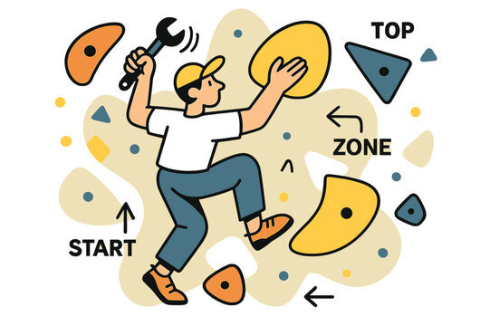 Route Setter's Craft. Route Setter at Work. A wrench spins as a setter places a bright sloper; arrows label ?Start / Zone / Top.? Holds float in a playful