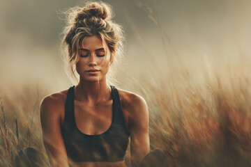 Young Woman Meditating with Eyes Closed in Nature