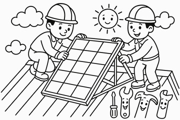 Solar Panel Installation. Installing solar panels safely children?s coloring book illustration, outlined drawing, two workers wearing helmets securing a panel