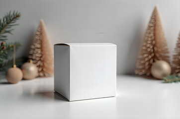 Blank White Gift Box on Table with Christmas Decorations and Sof