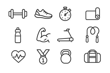 Motivational Fitness Icons. Motivational fitness. Line icon set of motivational fitness: dumbbell, running shoe, stopwatch, yoga mat, water bottle, flexed