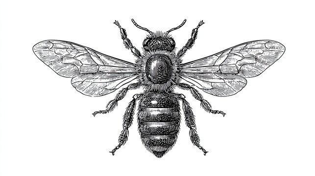 Detailed engraving sketch of honey bee insect with wings spread and realistic natural texture illustration
