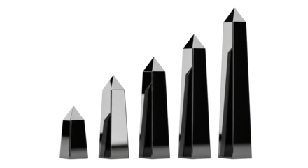 Five distinct, standing, reflective black steel obelisks arranged in an ascending linear row on a seamless transparent background with copy space, concept of technological progression