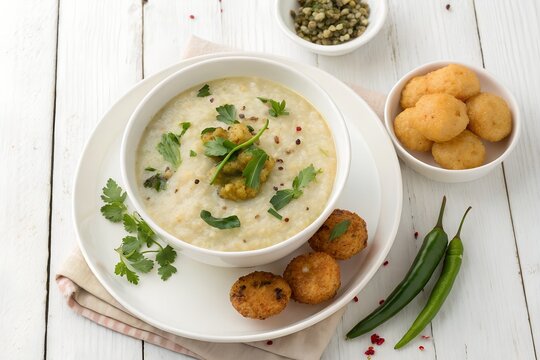 Indian food Pakhala Bhat with Crispy Vadas on a white bowl top down view with white background