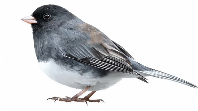 Close-up of a Dark-Eyed Junco Bird on White Background.