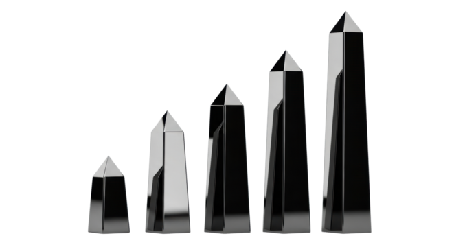 Five distinct, standing, reflective black steel obelisks arranged in an ascending linear row on a seamless transparent background with copy space, concept of technological progression