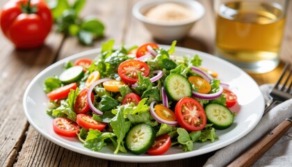 Fresh salad with tomatoes and cucumbers with onions and leafy greens on plate for healthy lunch. Delicious fresh salad made with vibrant garden vegetables, presented for culinary enjoyment.