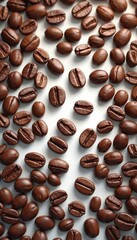 Obraz premium Illustration presents roasted coffee beans scattered on a white background. Close up photo of dark brown beans. The image shows fresh, natural coffee elements. Perfect for advertising banners.