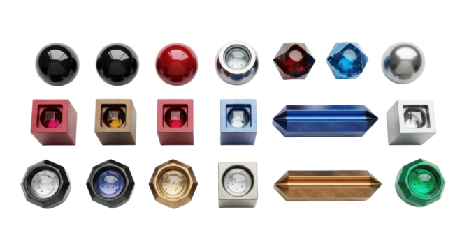 Sleek, precision-engineered synthetic micro-units (geometric shapes, vibrant colors, liquid centers) on white background with copy space. Concept of advanced futuristic building blocks