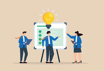 Flat illustration of business team brainstorming with checklist whiteboard and lightbulb representing collaboration and creative planning strategy