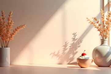 Minimalist Still Life with Dried Plants, Dessert, and Soft Windo