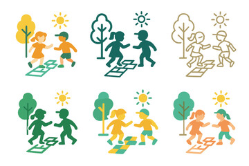 Playful Park Logos. Children playing in the park in June. Set Logo of Children playing in the park in June: hopscotch chalk grid on pavement. harmonious logo