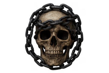 Human skull wrapped in heavy metal chain