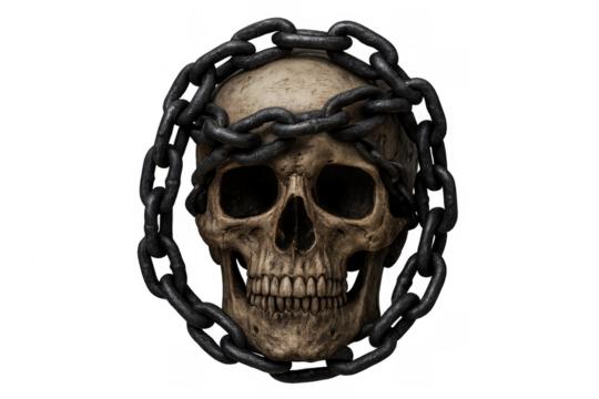 Human skull wrapped in heavy metal chain