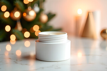 Festive Candle in Jar with Christmas Decorations and Warm Lighti