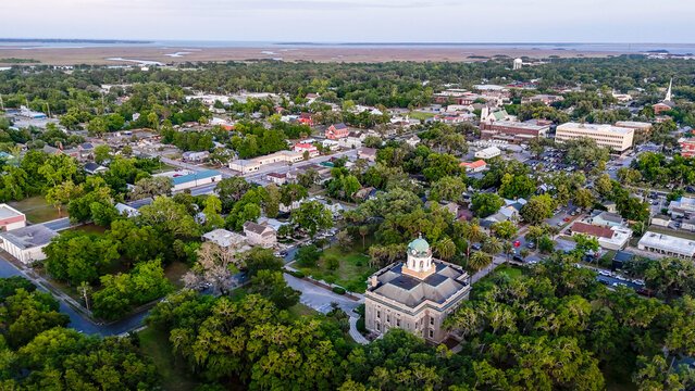 Aerial landscape of coastal downtown Brunswick city summer sunset in southeast coast of Georgia