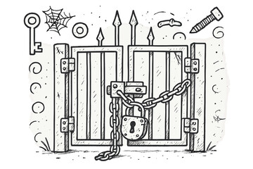 Obraz premium Rusty Gate Doodle. Locked Gate. Hand-drawn doodle illustration Locked Gate rusty lock, key, chain, old gate, metal latch, hinges, scratches, cobweb, dust,