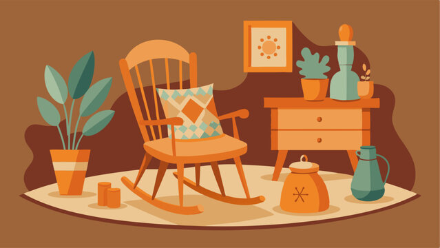 A cozy corner with a vintage rocking chair a gy rug and a side table adorned with vintage figurines and trinkets.