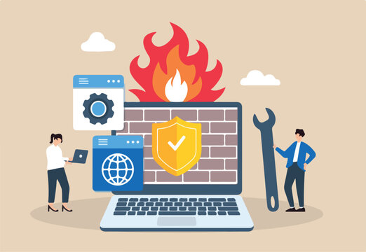 Flat illustration of two people configuring firewall settings network security and blocking unauthorized access
