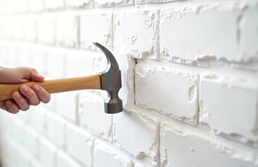 Person hand holds claw hammer, hitting pristine white brick wall. Powerful impact creates visible cracks, destruction on surface. Anger, frustration, demolition, construction, problem solving. Shows