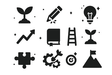 Obraz premium Failures as Growth Icons. Failures as Growth. Solid icons set of Failures as Growth: plant sprout, broken pencil, light bulb, upward arrow, book, ladder,