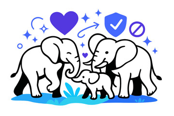 Fototapeta premium Elephant Sanctuary Success. Poaching awareness. Elephant family in safe sanctuary with abstract floating hearts, protection icons, and sparkles; conveys